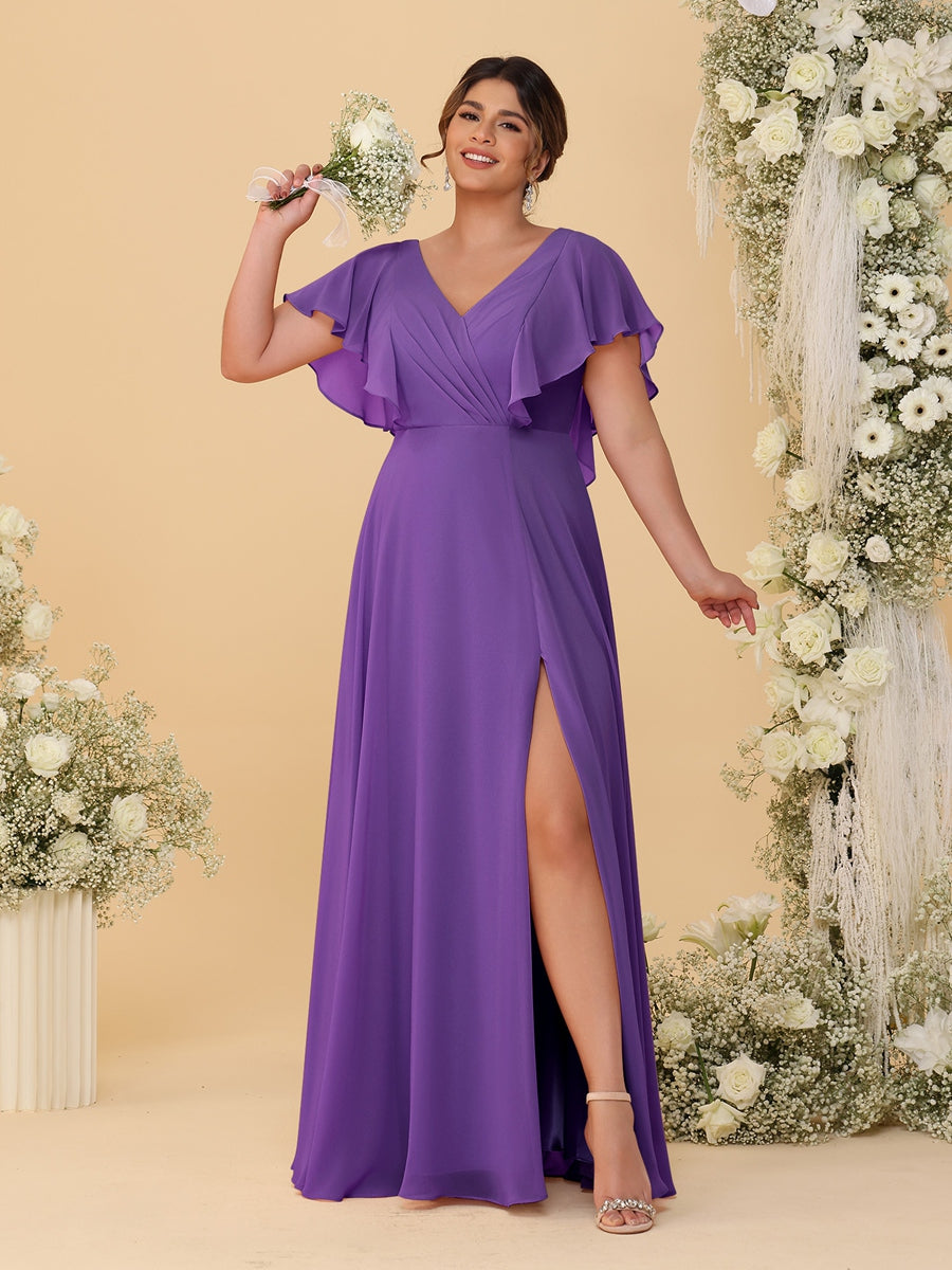 A-Line/Princess V-Neck Short Sleeves Floor-Length Plus Size Bridesmaid Dresses With Side Slit Purple