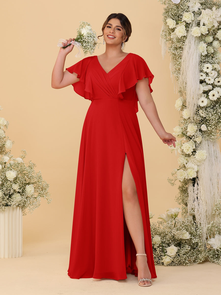 A-Line/Princess V-Neck Short Sleeves Floor-Length Plus Size Bridesmaid Dresses With Side Slit Red