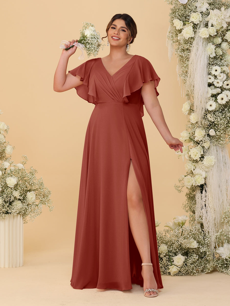 A-Line/Princess V-Neck Short Sleeves Floor-Length Plus Size Bridesmaid Dresses With Side Slit Rust