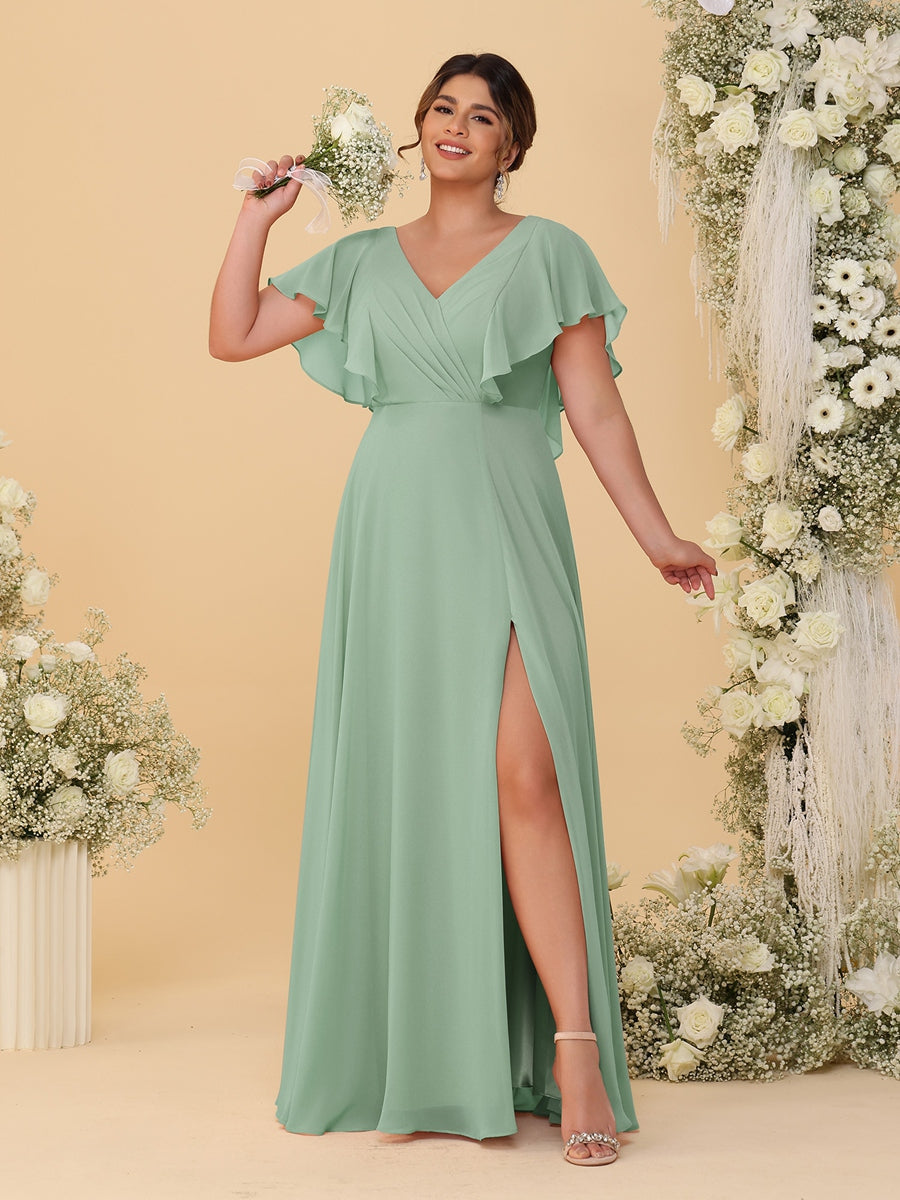A-Line/Princess V-Neck Short Sleeves Floor-Length Plus Size Bridesmaid Dresses With Side Slit Sage