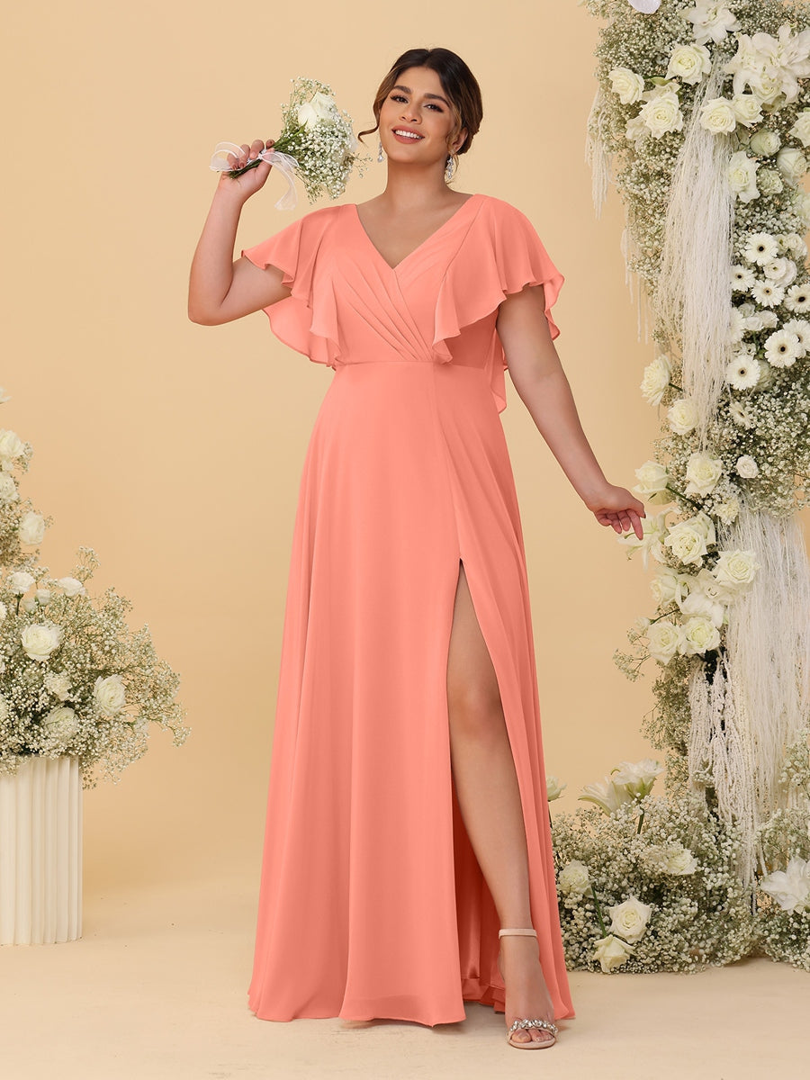 A-Line/Princess V-Neck Short Sleeves Floor-Length Plus Size Bridesmaid Dresses With Side Slit Salmon