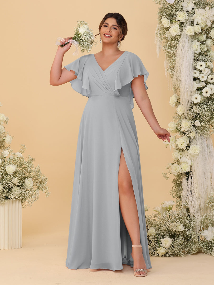 A-Line/Princess V-Neck Short Sleeves Floor-Length Plus Size Bridesmaid Dresses With Side Slit Silver