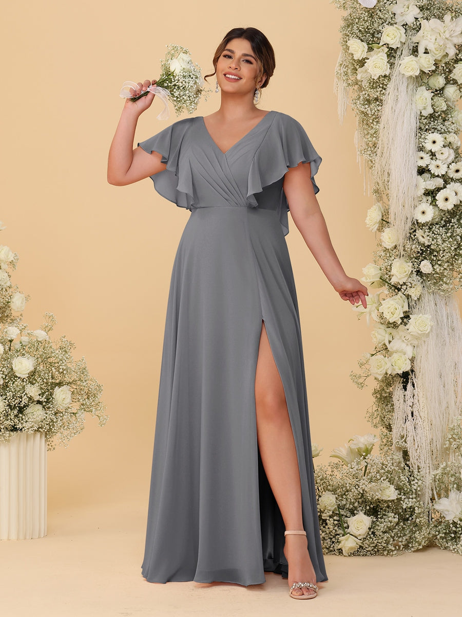 A-Line/Princess V-Neck Short Sleeves Floor-Length Plus Size Bridesmaid Dresses With Side Slit Silver Gray
