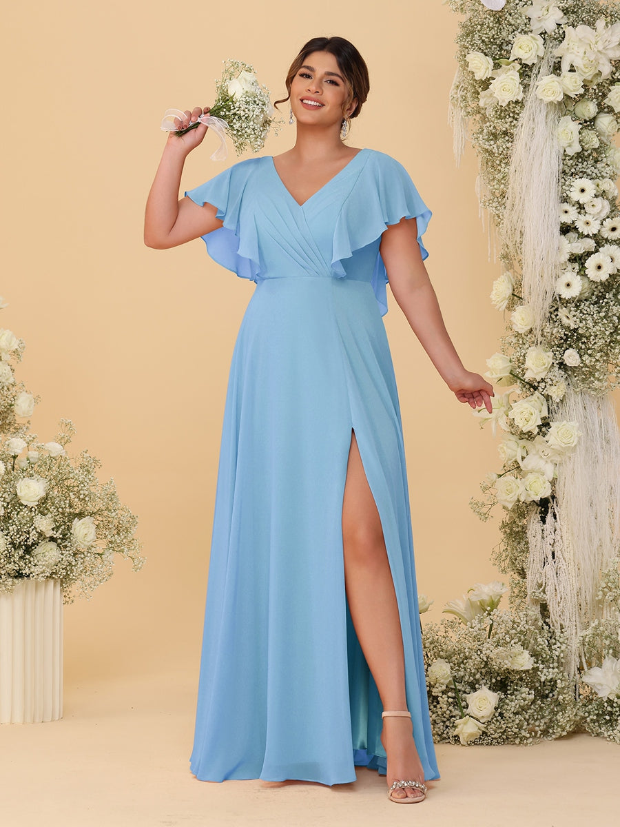 A-Line/Princess V-Neck Short Sleeves Floor-Length Plus Size Bridesmaid Dresses With Side Slit Sky Blue