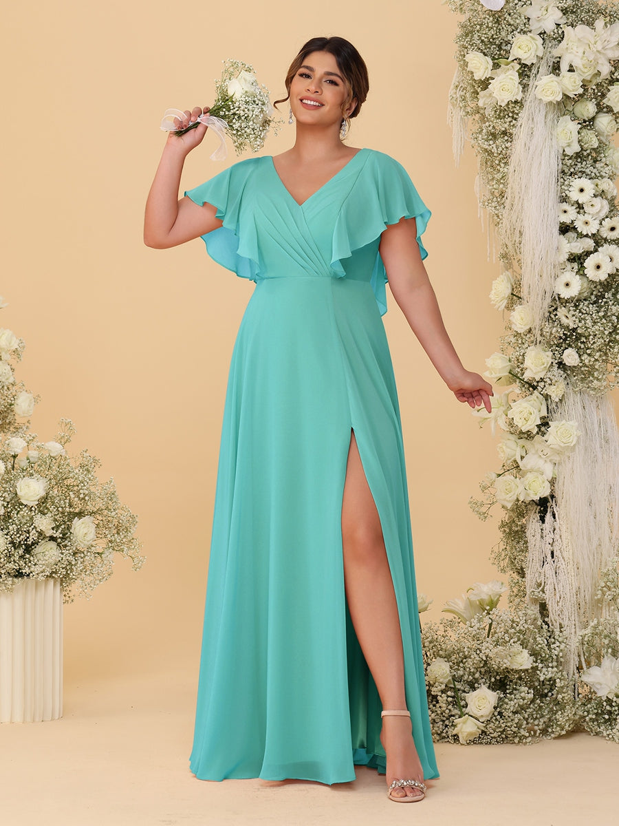 A-Line/Princess V-Neck Short Sleeves Floor-Length Plus Size Bridesmaid Dresses With Side Slit Spa