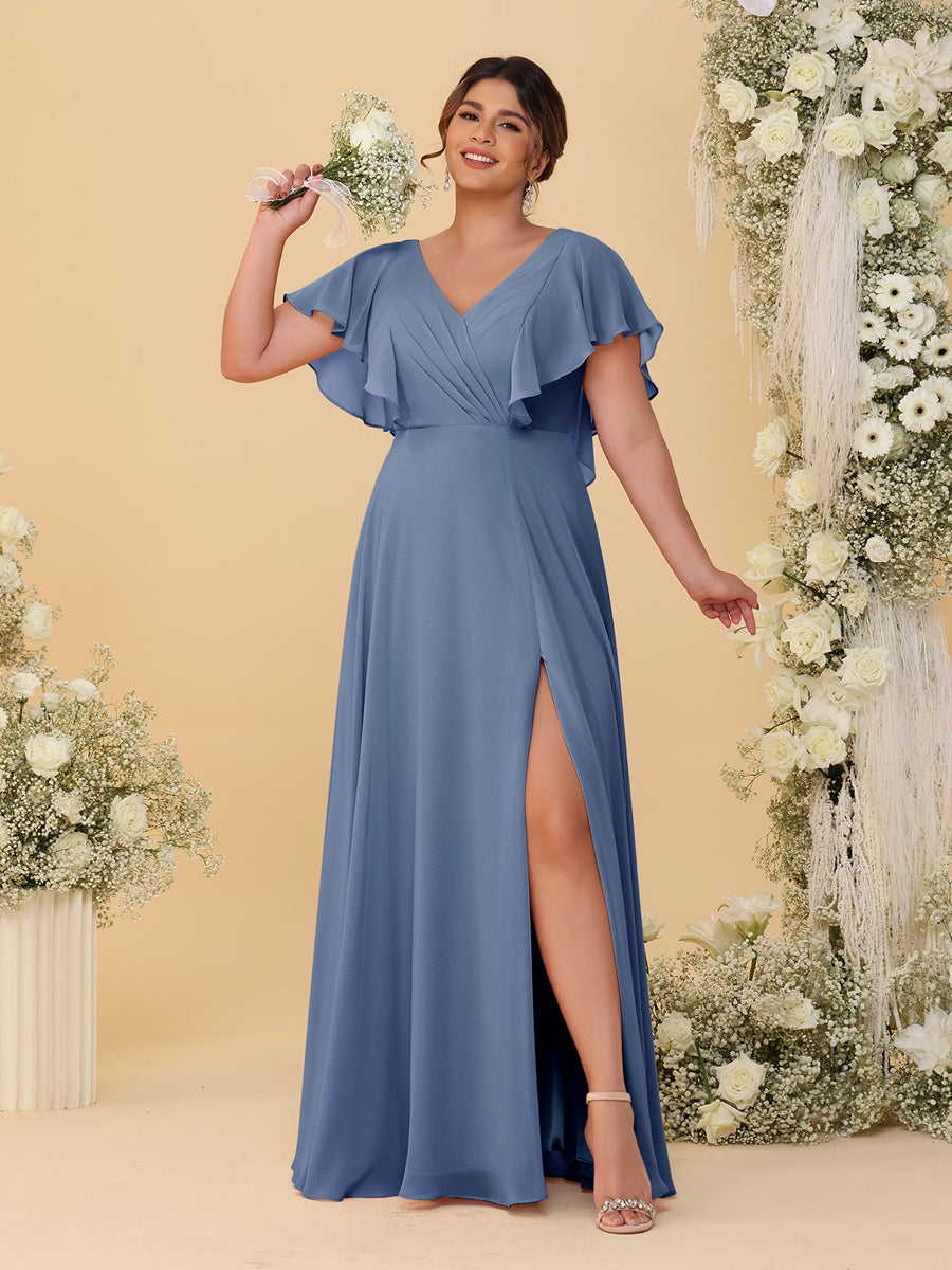 A-Line/Princess V-Neck Short Sleeves Floor-Length Plus Size Bridesmaid Dresses With Side Slit Steel Blue