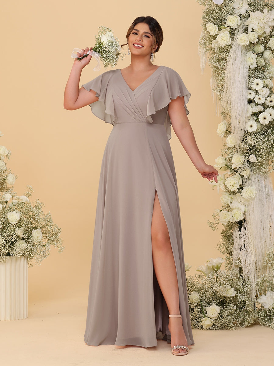 A-Line/Princess V-Neck Short Sleeves Floor-Length Plus Size Bridesmaid Dresses With Side Slit Taupe