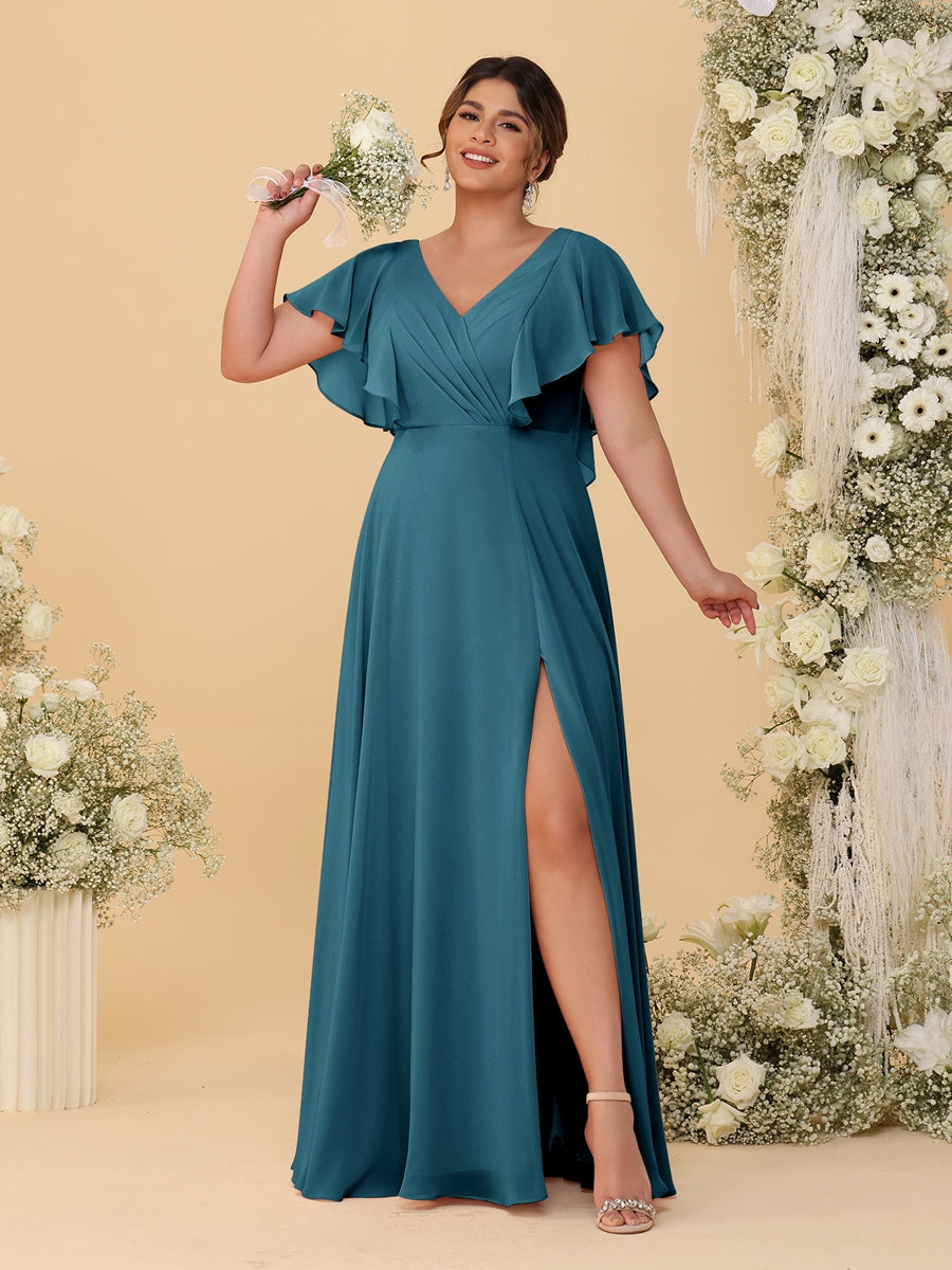 A-Line/Princess V-Neck Short Sleeves Floor-Length Plus Size Bridesmaid Dresses With Side Slit Teal