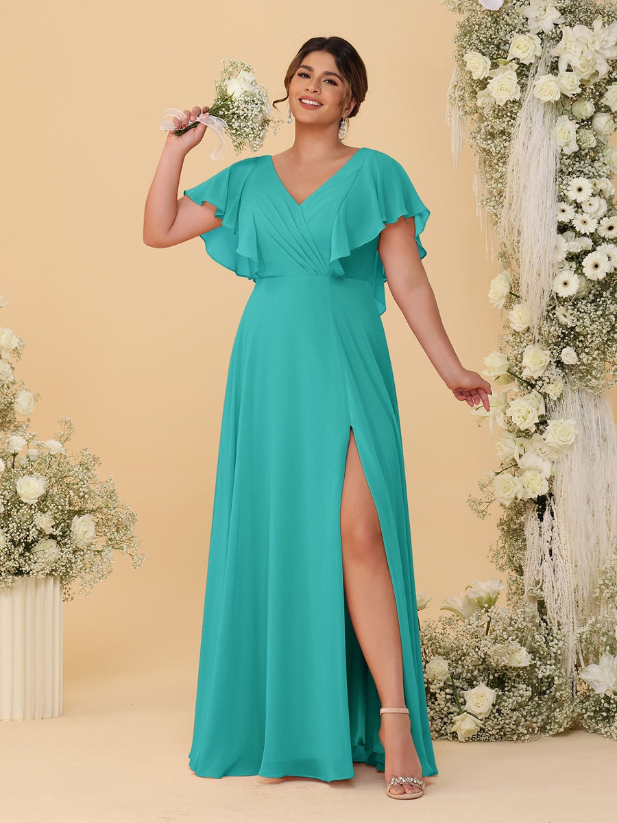 A-Line/Princess V-Neck Short Sleeves Floor-Length Plus Size Bridesmaid Dresses With Side Slit Turquoise