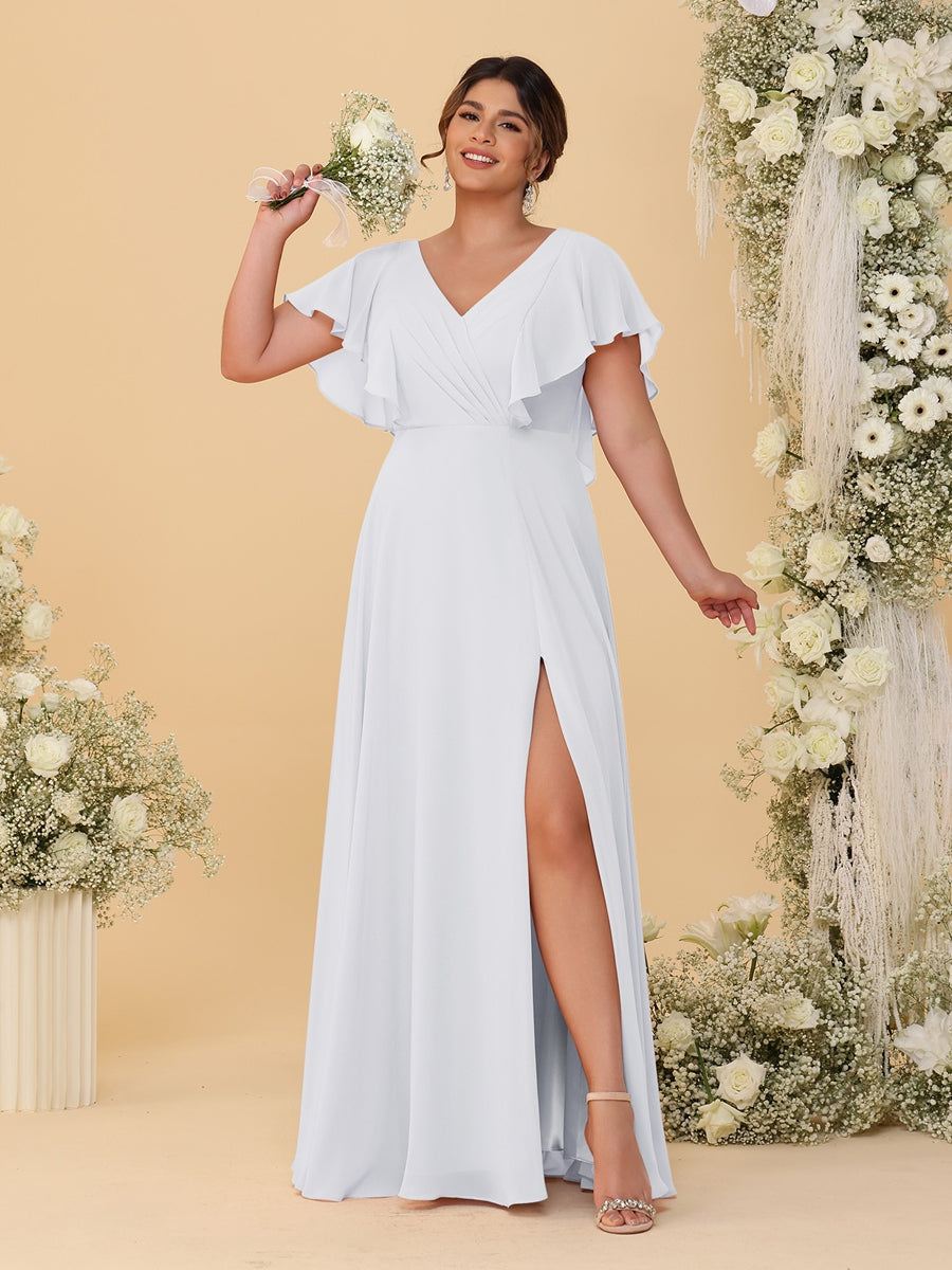 A-Line/Princess V-Neck Short Sleeves Floor-Length Plus Size Bridesmaid Dresses With Side Slit White