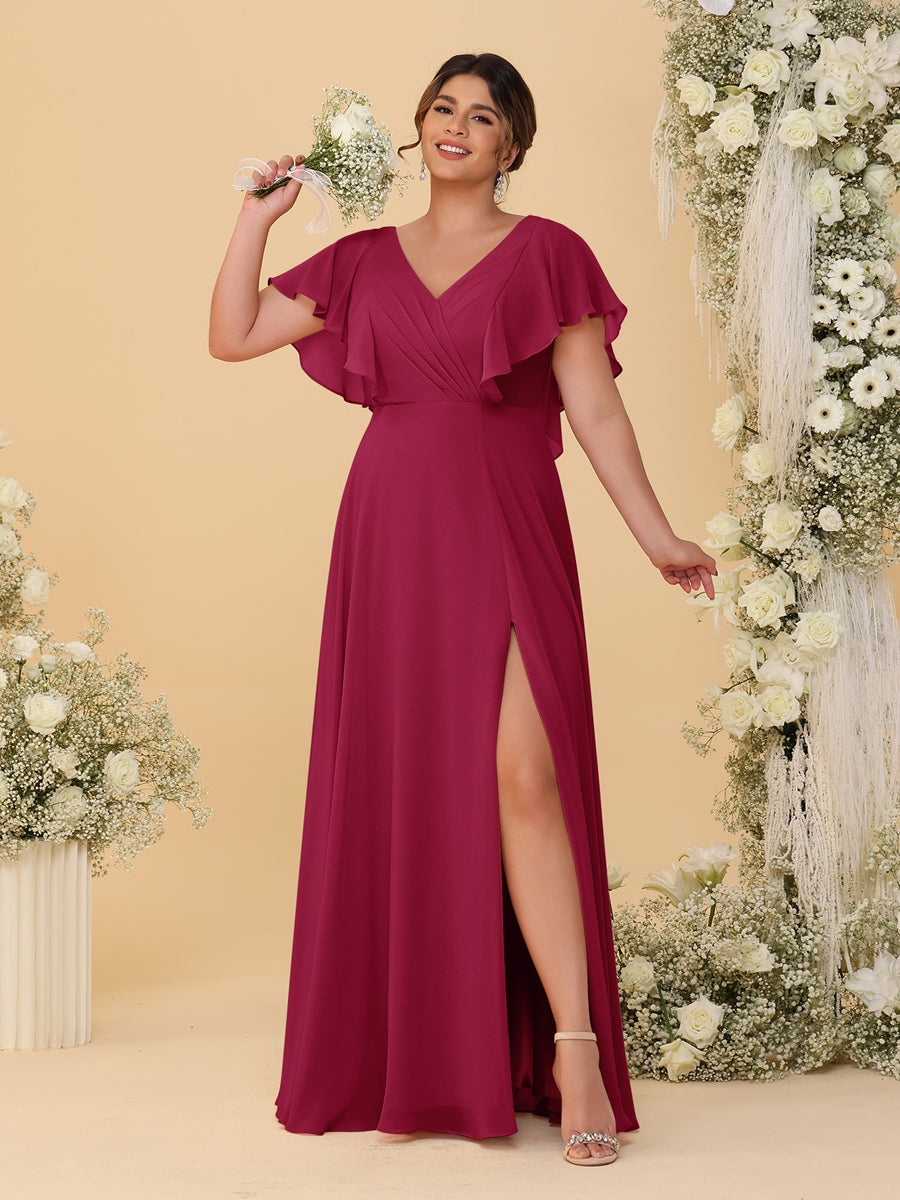A-Line/Princess V-Neck Short Sleeves Floor-Length Plus Size Bridesmaid Dresses With Side Slit Wine Red