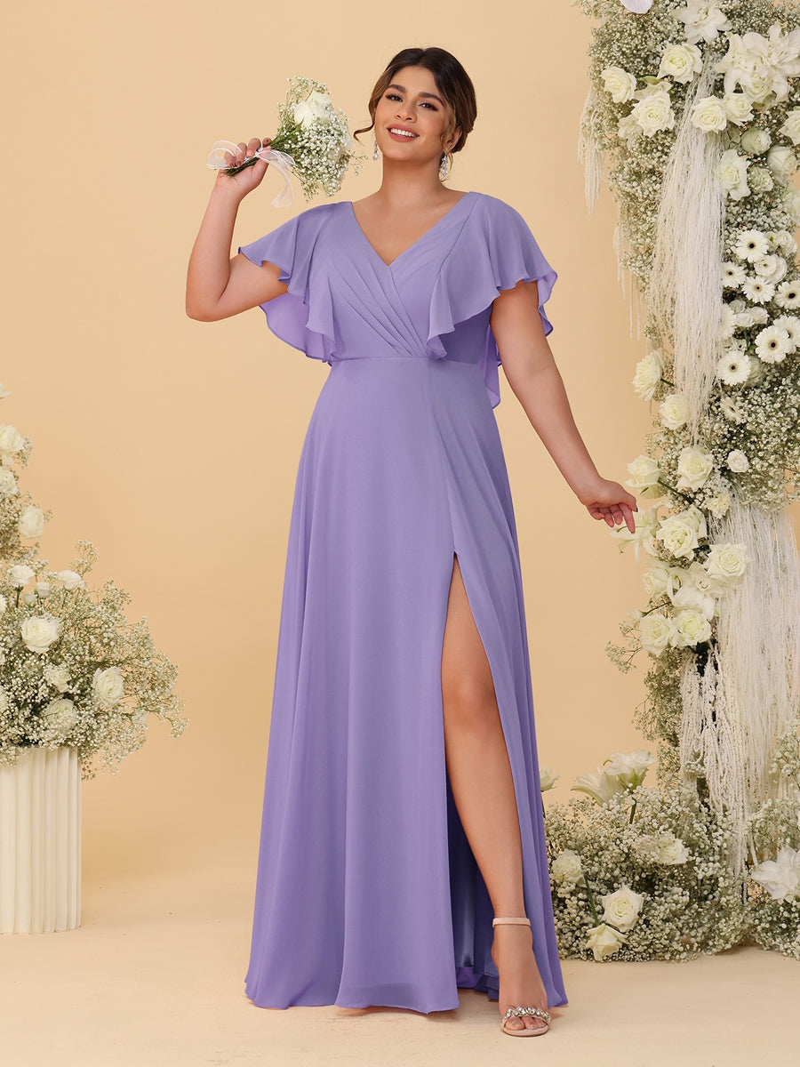 A-Line/Princess V-Neck Short Sleeves Floor-Length Plus Size Bridesmaid Dresses With Side Slit Wisteria
