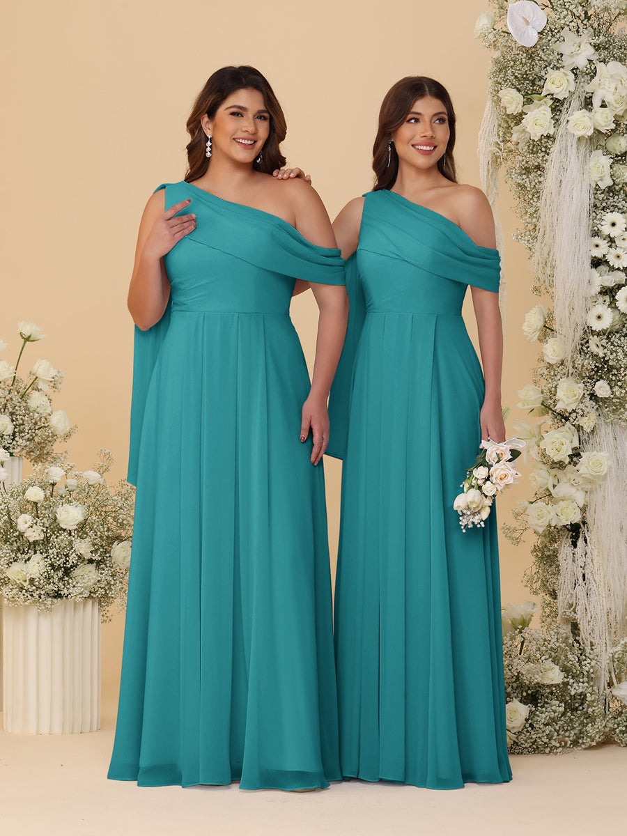 A-Line/Princess One-Shoulder Floor-Length Plus Size Bridesmaid Dresses With Watteau Train Aqua Blue