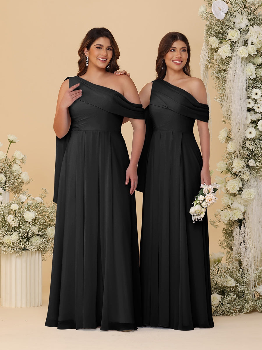 A-Line/Princess One-Shoulder Floor-Length Plus Size Bridesmaid Dresses With Watteau Train Black