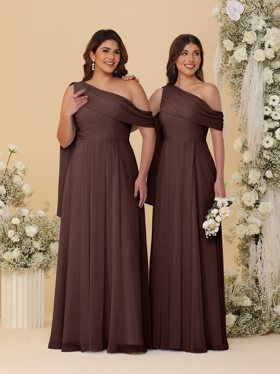 A-Line/Princess One-Shoulder Floor-Length Plus Size Bridesmaid Dresses With Watteau Train Brown