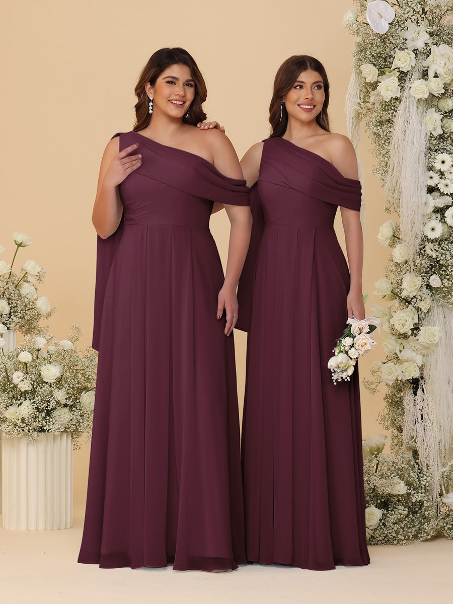 A-Line/Princess One-Shoulder Floor-Length Plus Size Bridesmaid Dresses With Watteau Train Burgundy
