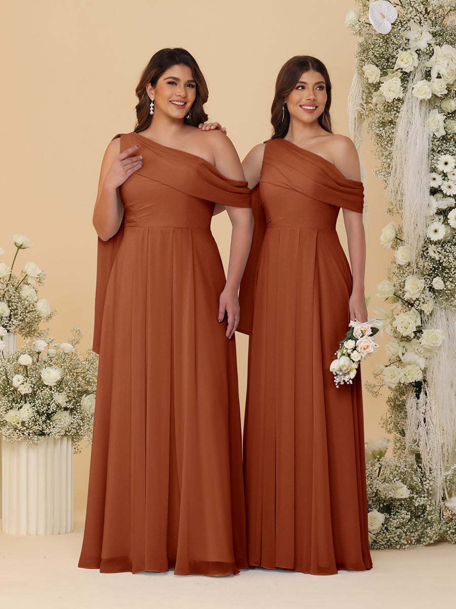 A-Line/Princess One-Shoulder Floor-Length Plus Size Bridesmaid Dresses With Watteau Train Burnt Orange