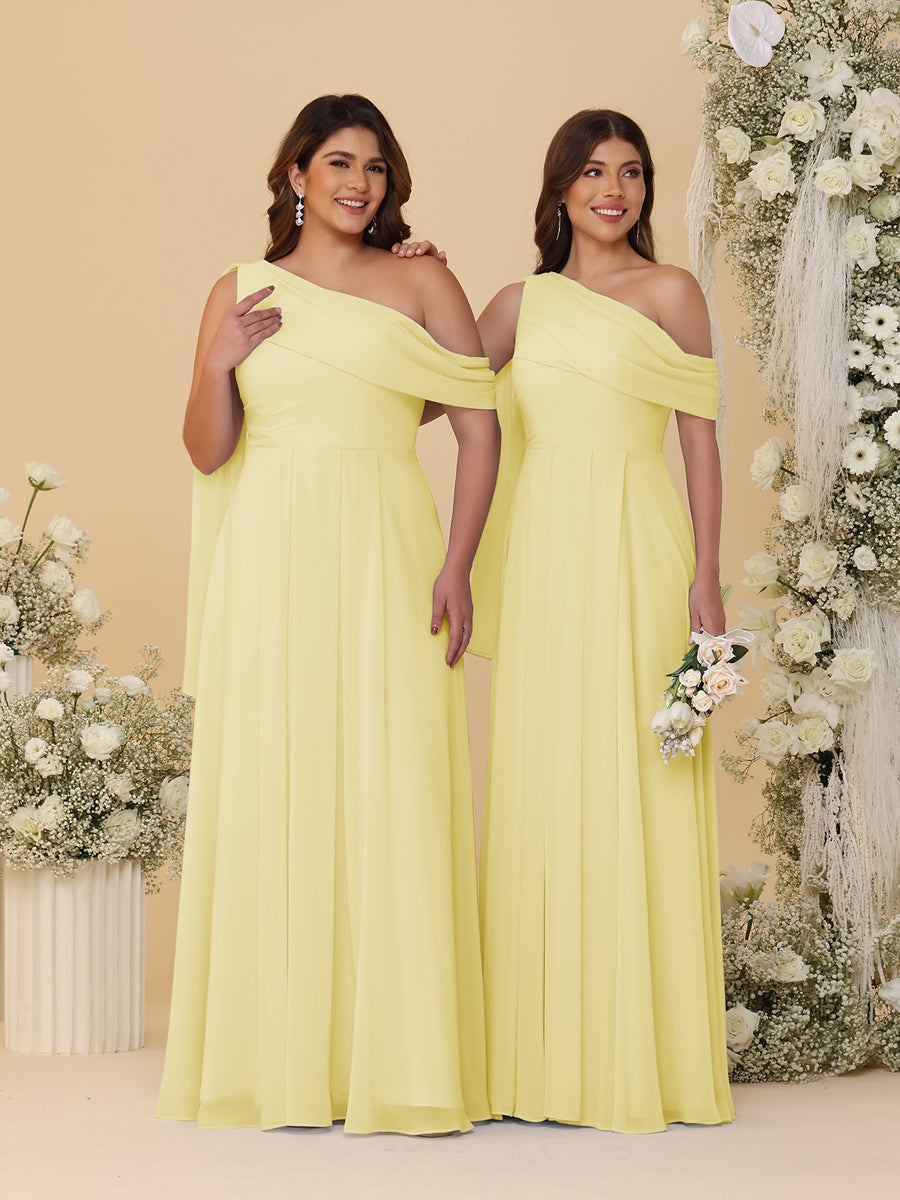 A-Line/Princess One-Shoulder Floor-Length Plus Size Bridesmaid Dresses With Watteau Train Canary