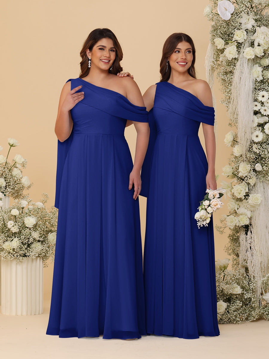 A-Line/Princess One-Shoulder Floor-Length Plus Size Bridesmaid Dresses With Watteau Train Dark Royal Blue