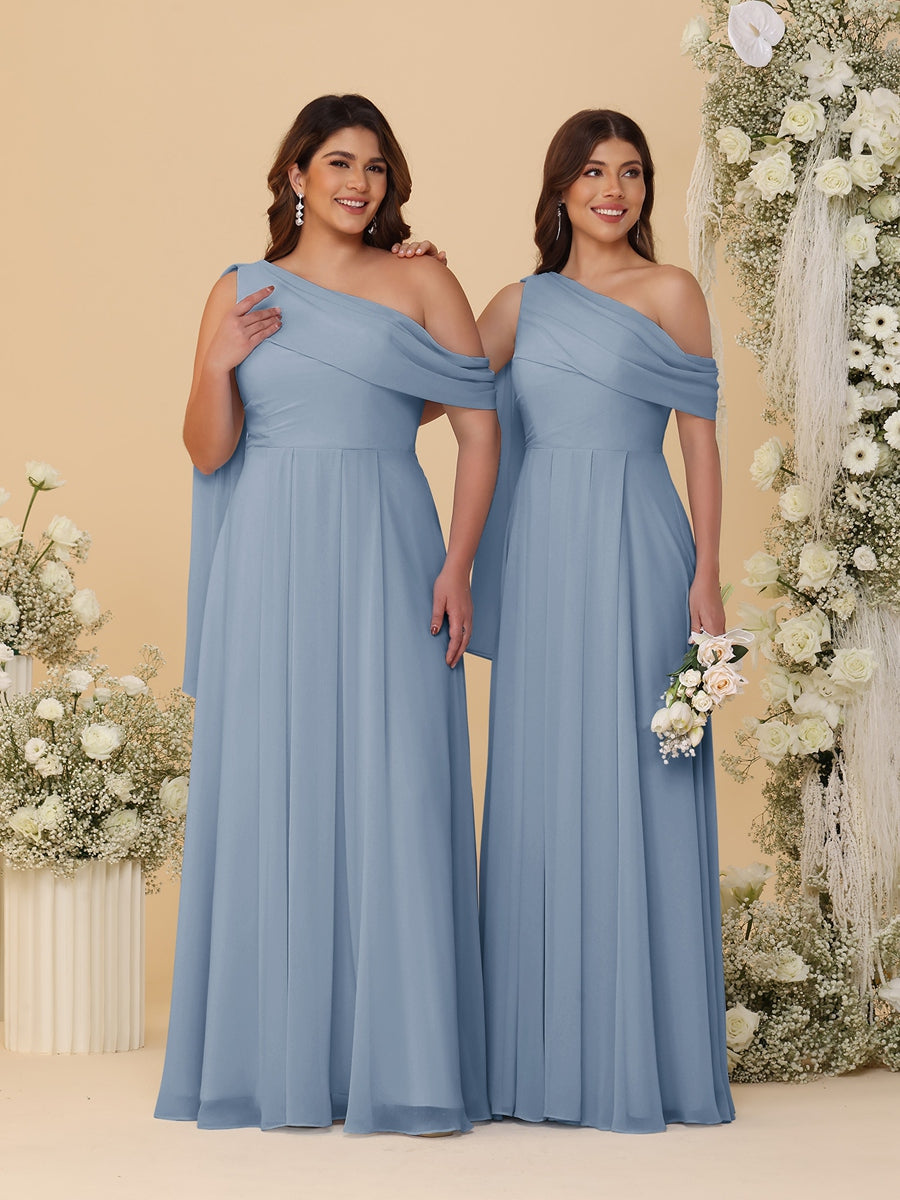 A-Line/Princess One-Shoulder Floor-Length Plus Size Bridesmaid Dresses With Watteau Train Dusty Blue