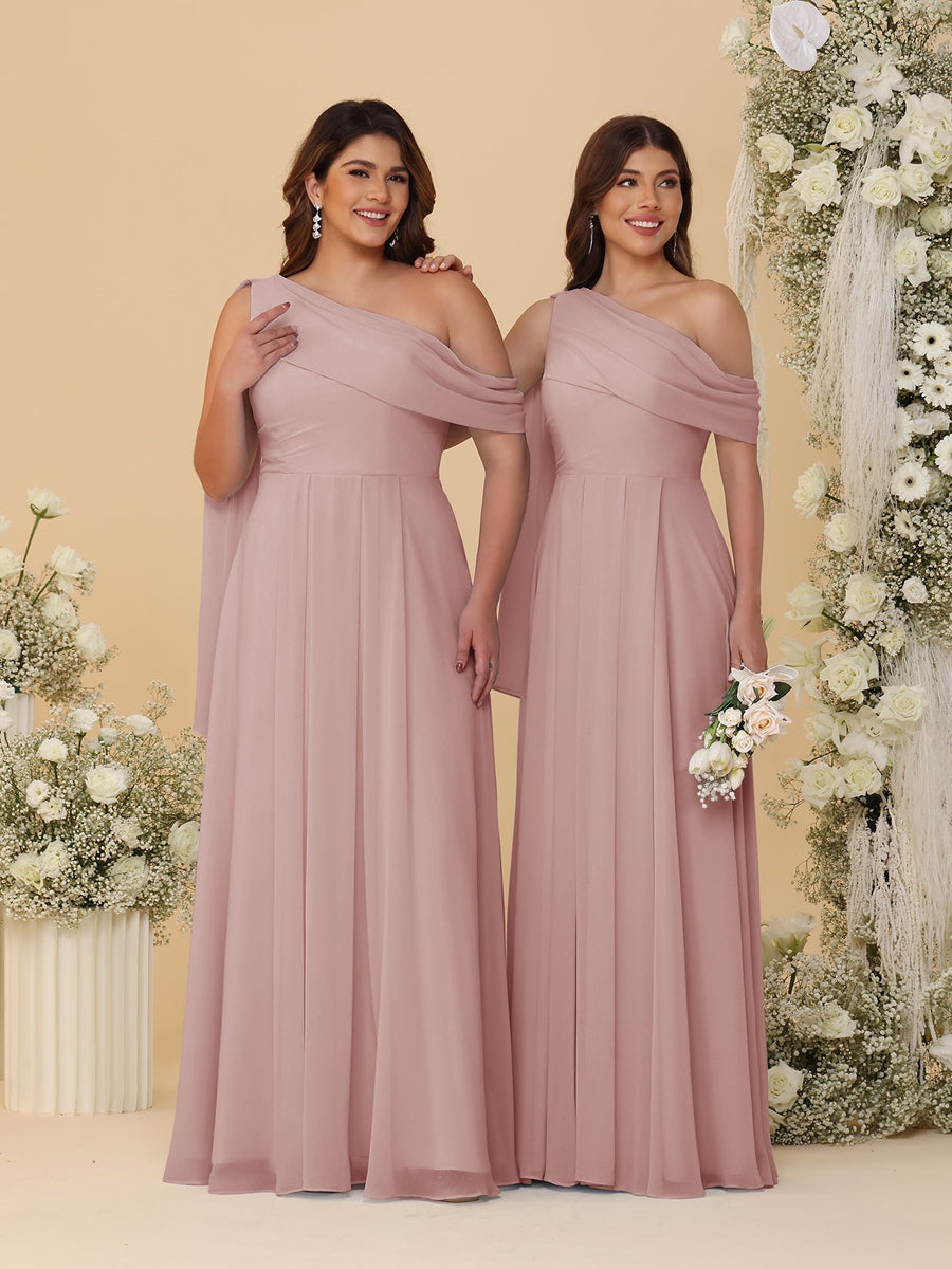 A-Line/Princess One-Shoulder Floor-Length Plus Size Bridesmaid Dresses With Watteau Train Dusty Pink