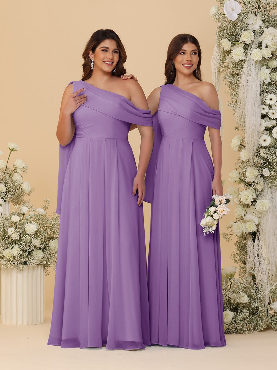 A-Line/Princess One-Shoulder Floor-Length Plus Size Bridesmaid Dresses With Watteau Train Dusty Purple