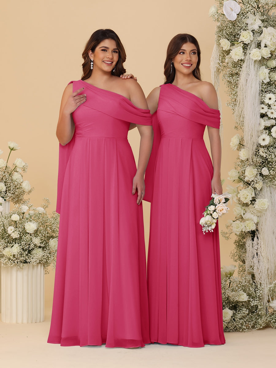 A-Line/Princess One-Shoulder Floor-Length Plus Size Bridesmaid Dresses With Watteau Train Fuchsia