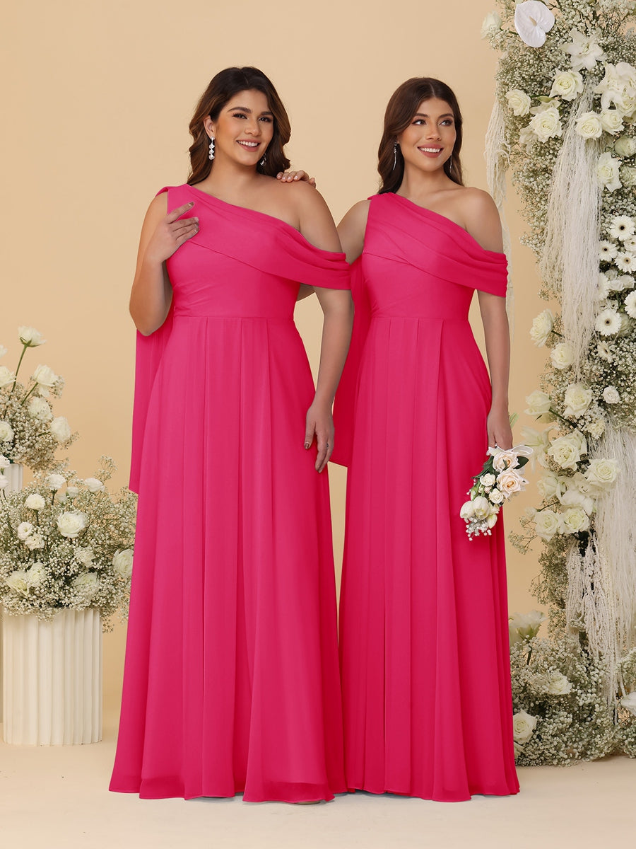 A-Line/Princess One-Shoulder Floor-Length Plus Size Bridesmaid Dresses With Watteau Train Fuchsia Pink