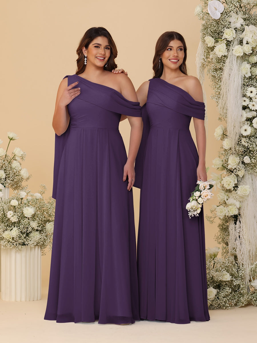 A-Line/Princess One-Shoulder Floor-Length Plus Size Bridesmaid Dresses With Watteau Train Grape