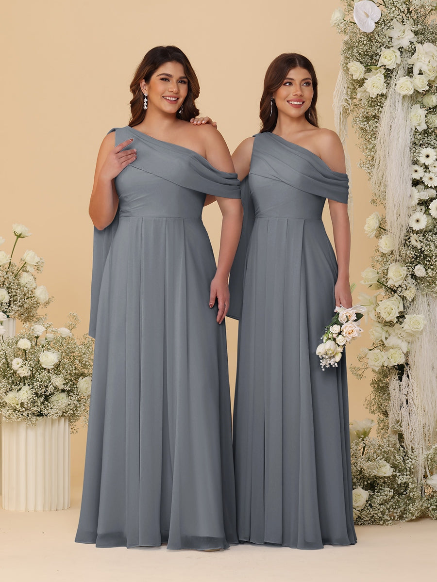 A-Line/Princess One-Shoulder Floor-Length Plus Size Bridesmaid Dresses With Watteau Train Gray