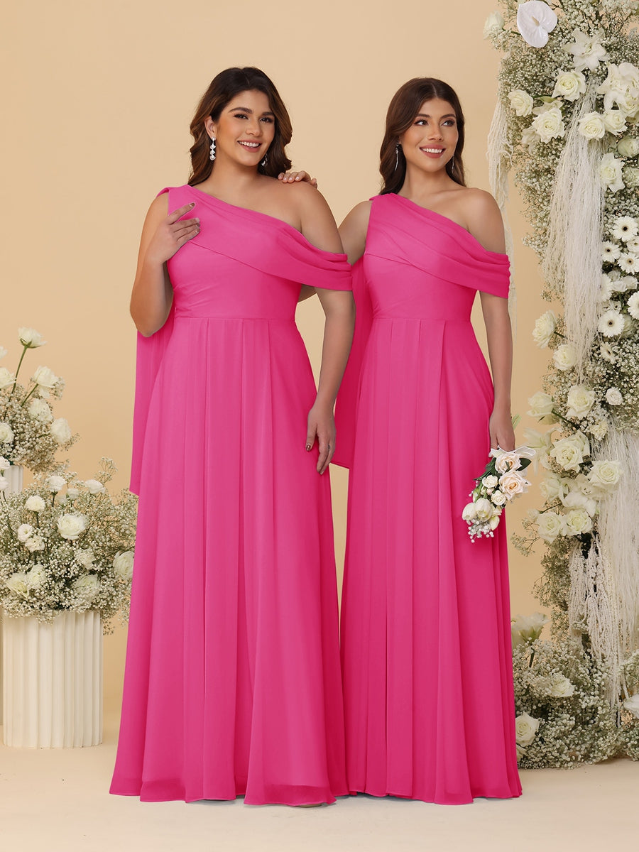 A-Line/Princess One-Shoulder Floor-Length Plus Size Bridesmaid Dresses With Watteau Train Hot Pink