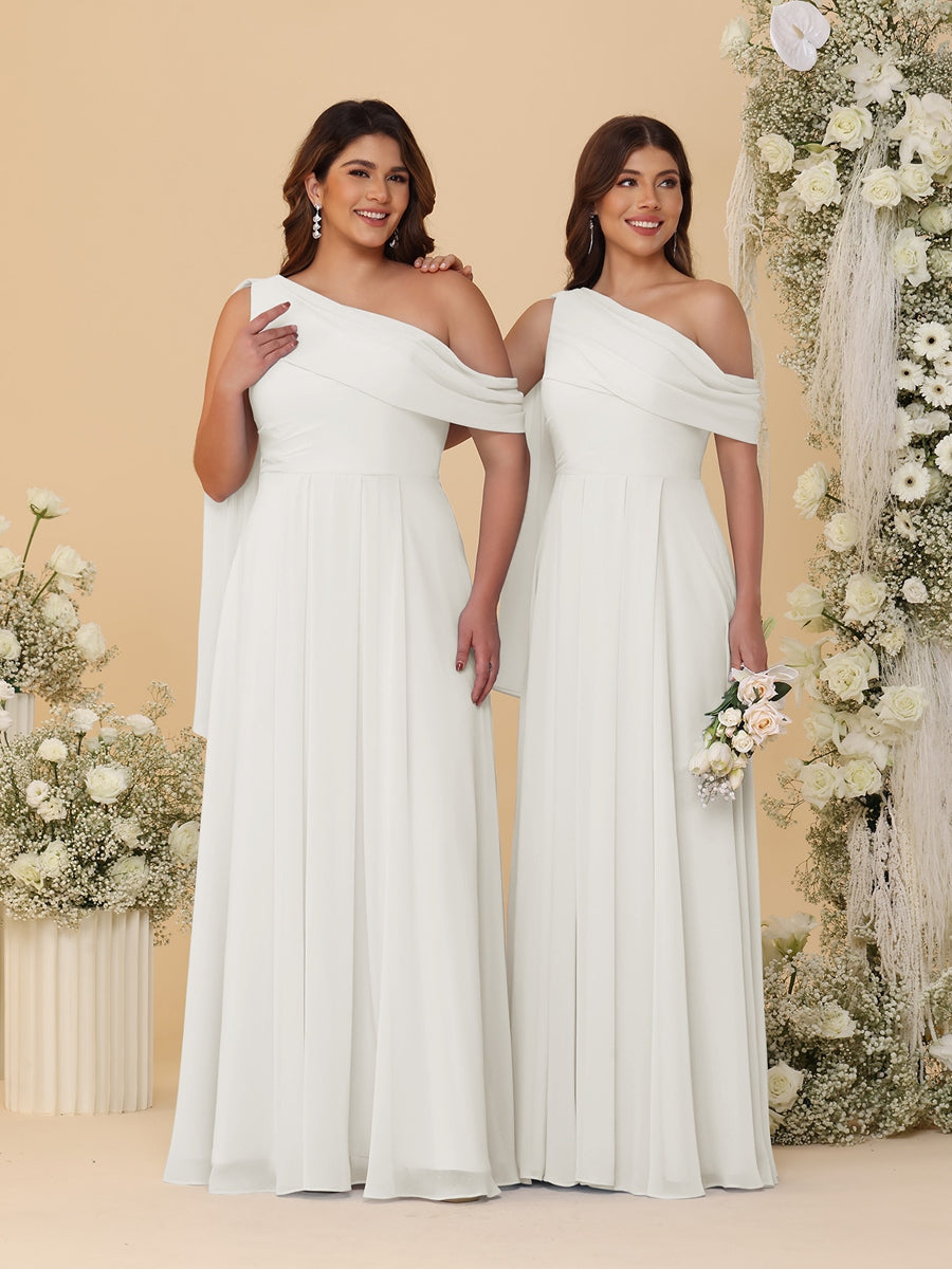 A-Line/Princess One-Shoulder Floor-Length Plus Size Bridesmaid Dresses With Watteau Train Ivory