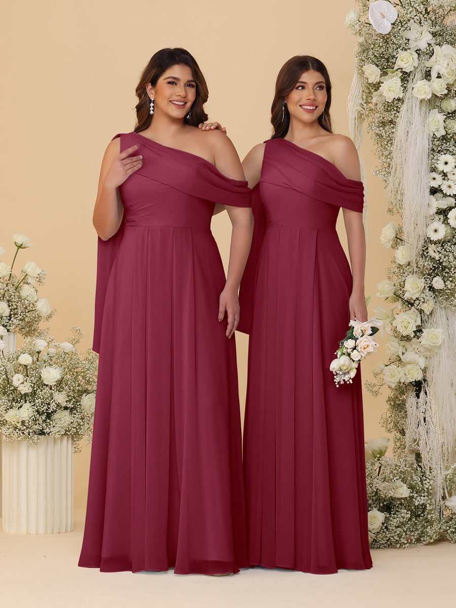 A-Line/Princess One-Shoulder Floor-Length Plus Size Bridesmaid Dresses With Watteau Train Light Burgundy
