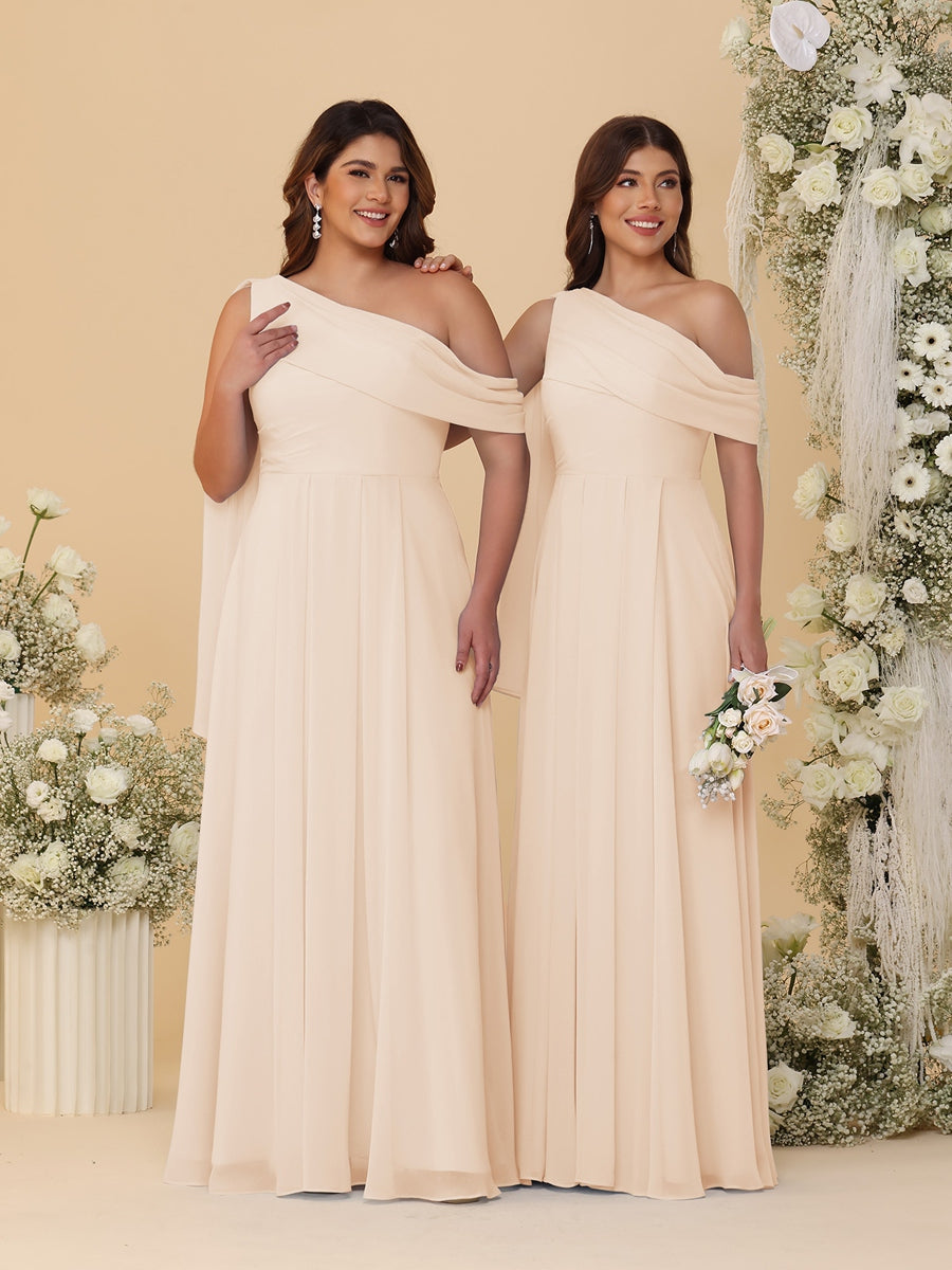 A-Line/Princess One-Shoulder Floor-Length Plus Size Bridesmaid Dresses With Watteau Train Light Champagne