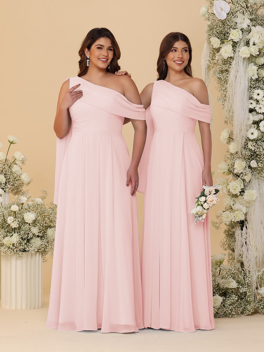 A-Line/Princess One-Shoulder Floor-Length Plus Size Bridesmaid Dresses With Watteau Train Light Pink