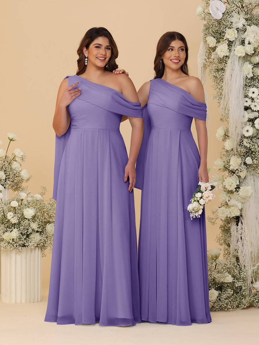 A-Line/Princess One-Shoulder Floor-Length Plus Size Bridesmaid Dresses With Watteau Train Light Purple