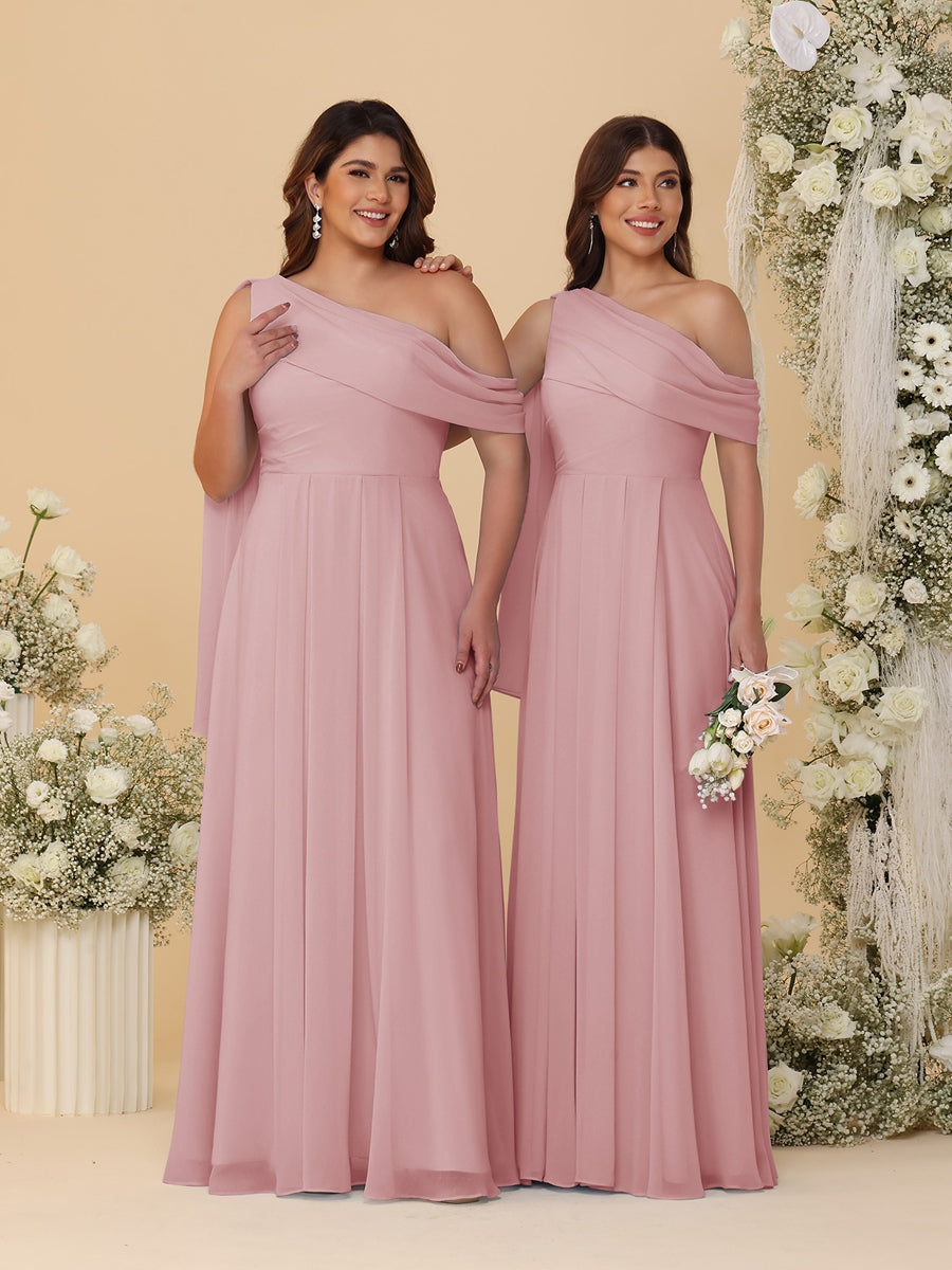 A-Line/Princess One-Shoulder Floor-Length Plus Size Bridesmaid Dresses With Watteau Train Mauve