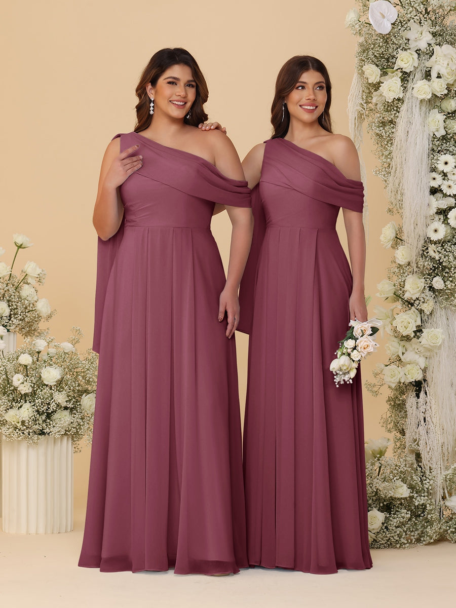 A-Line/Princess One-Shoulder Floor-Length Plus Size Bridesmaid Dresses With Watteau Train Mulberry