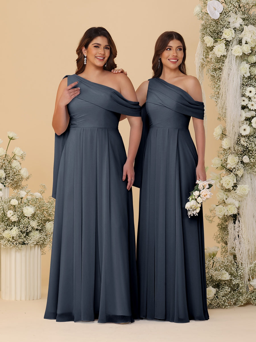 A-Line/Princess One-Shoulder Floor-Length Plus Size Bridesmaid Dresses With Watteau Train Navy Blue