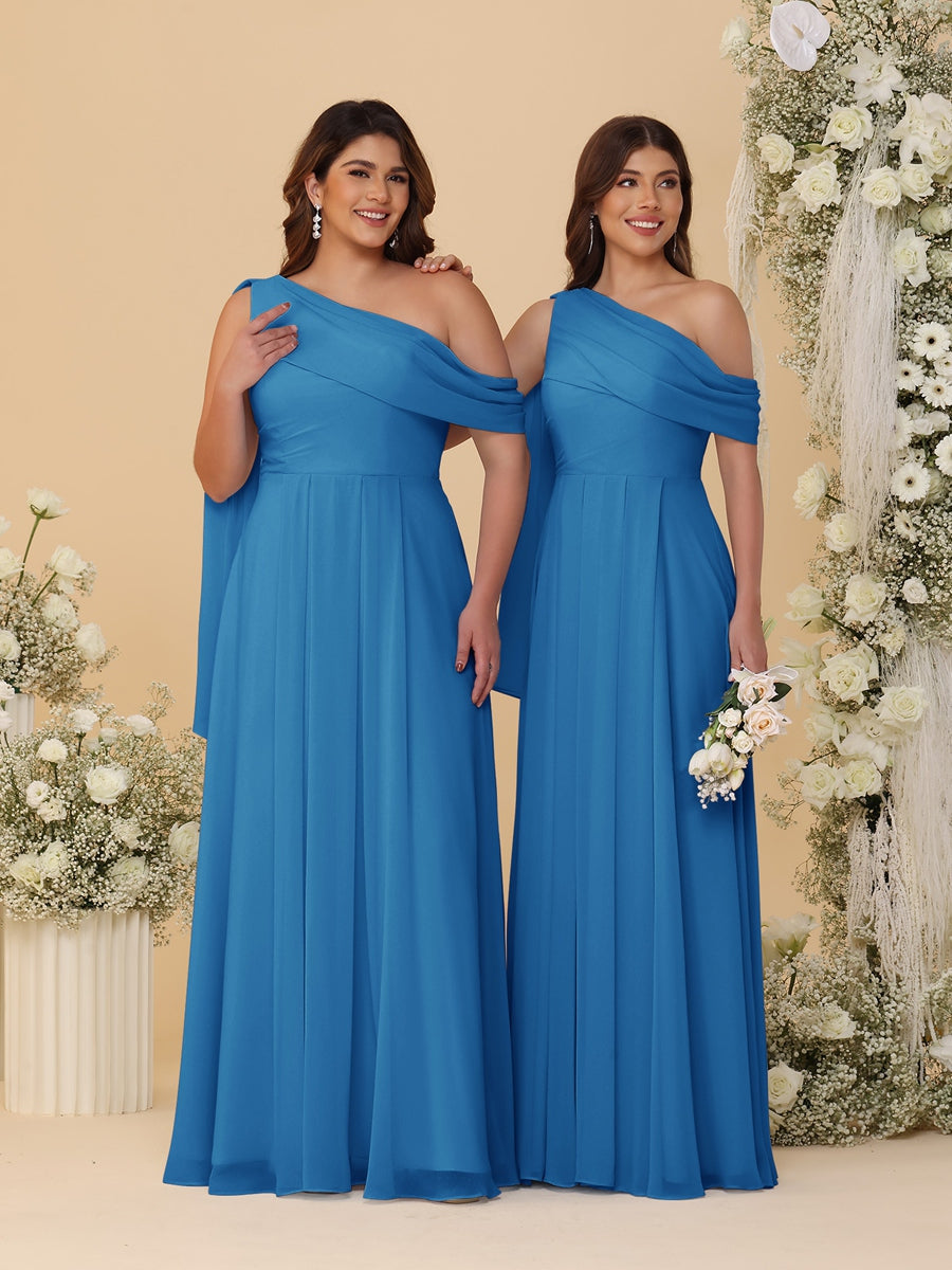 A-Line/Princess One-Shoulder Floor-Length Plus Size Bridesmaid Dresses With Watteau Train Ocean Blue