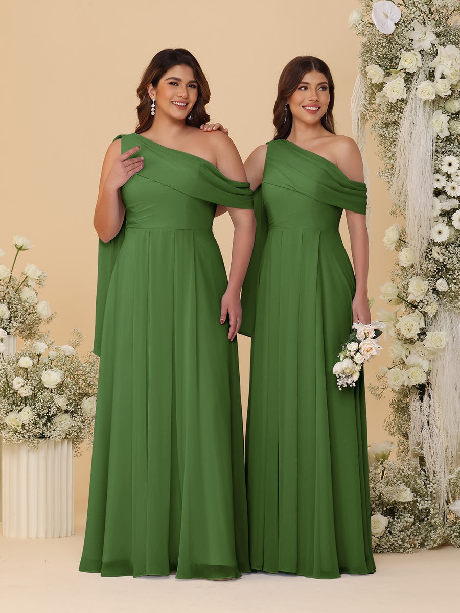 A-Line/Princess One-Shoulder Floor-Length Plus Size Bridesmaid Dresses With Watteau Train Olive Green