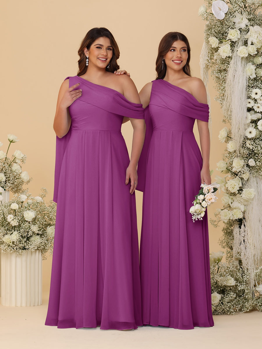 A-Line/Princess One-Shoulder Floor-Length Plus Size Bridesmaid Dresses With Watteau Train Orchid