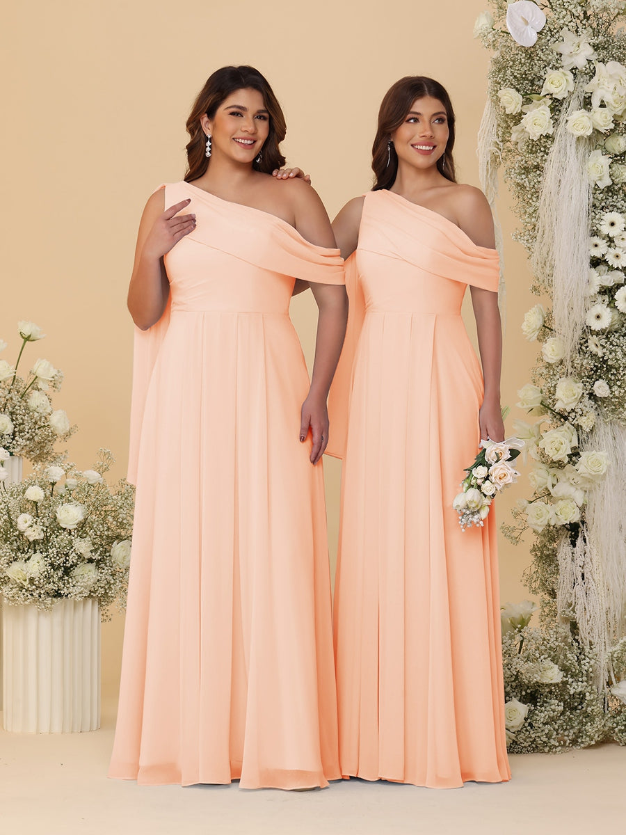 A-Line/Princess One-Shoulder Floor-Length Plus Size Bridesmaid Dresses With Watteau Train Peach Pink
