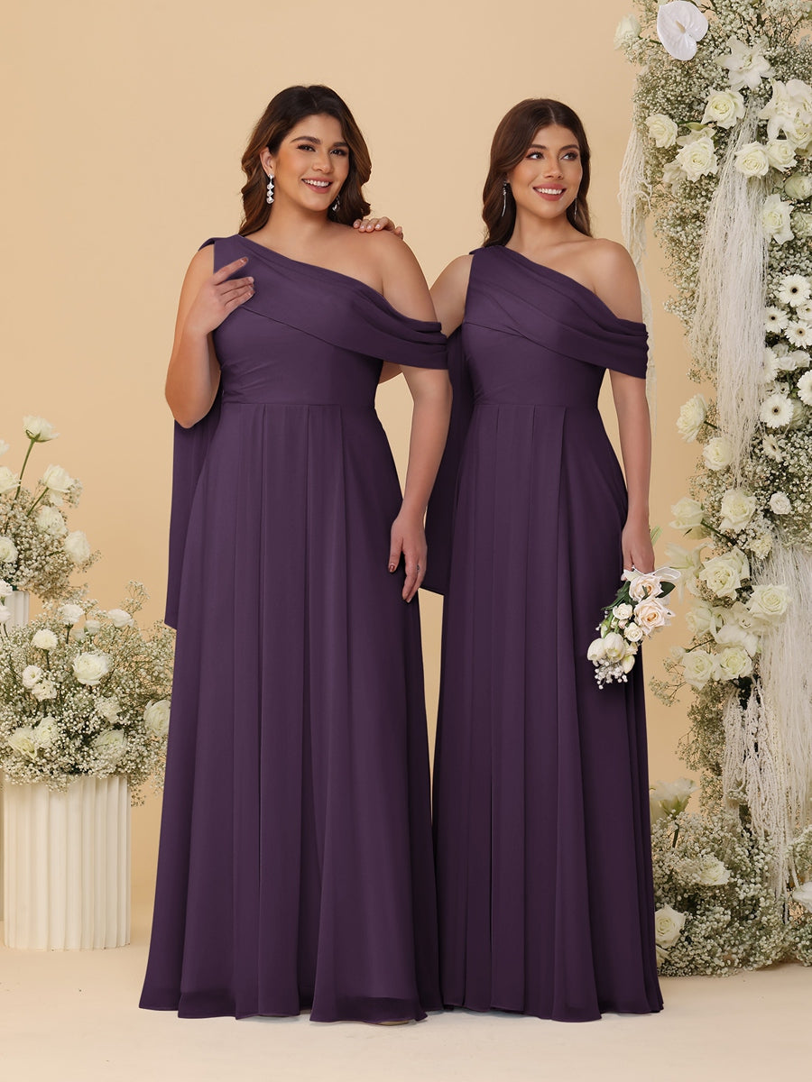 A-Line/Princess One-Shoulder Floor-Length Plus Size Bridesmaid Dresses With Watteau Train Plum