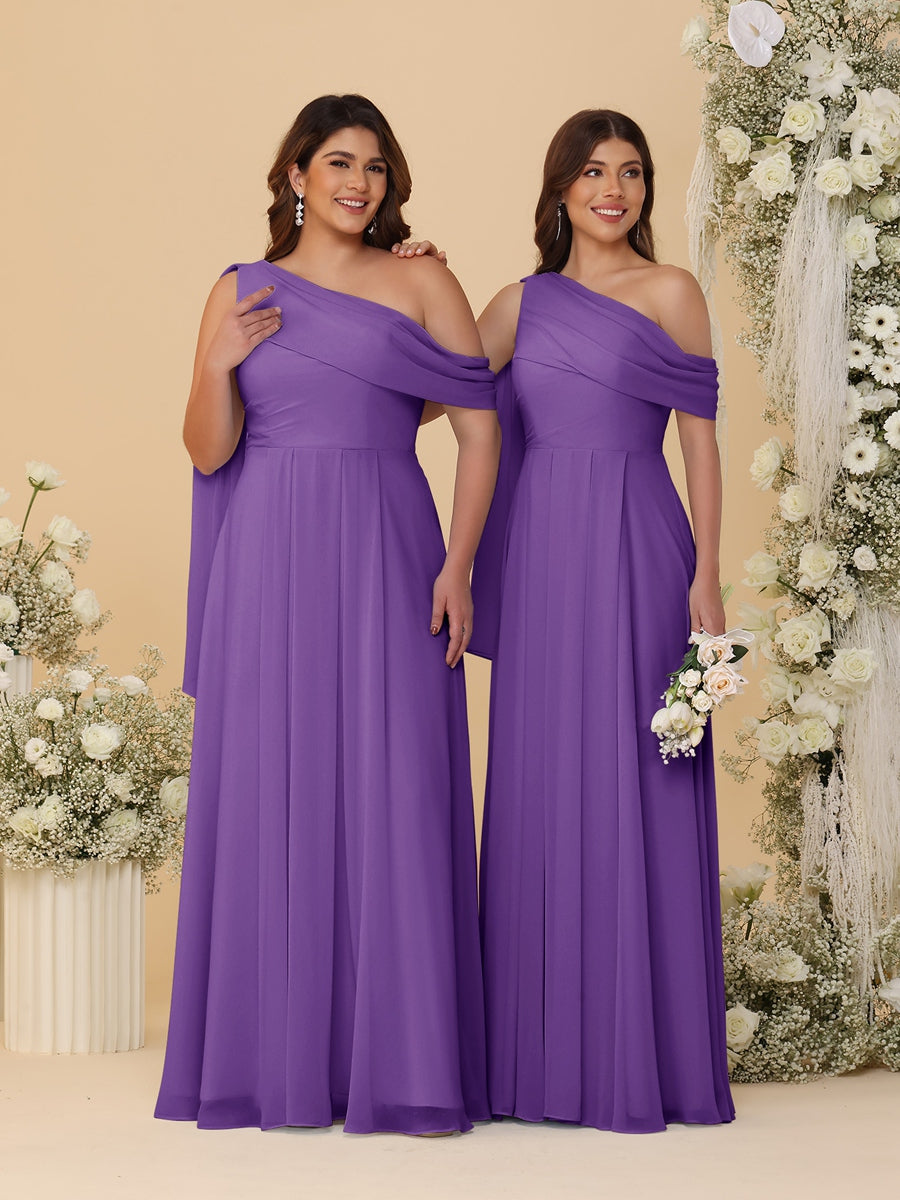 A-Line/Princess One-Shoulder Floor-Length Plus Size Bridesmaid Dresses With Watteau Train Purple