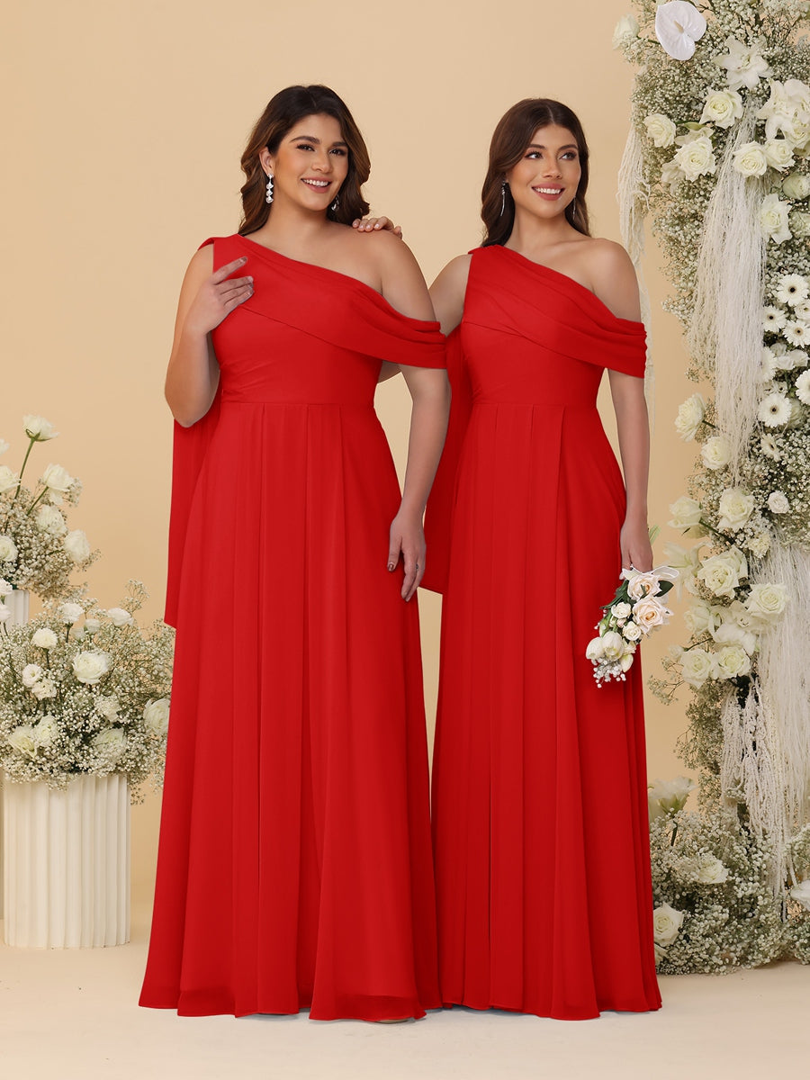 A-Line/Princess One-Shoulder Floor-Length Plus Size Bridesmaid Dresses With Watteau Train Red