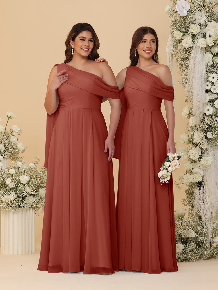 A-Line/Princess One-Shoulder Floor-Length Plus Size Bridesmaid Dresses With Watteau Train Rust