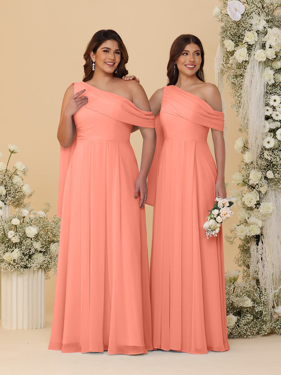 A-Line/Princess One-Shoulder Floor-Length Plus Size Bridesmaid Dresses With Watteau Train Salmon
