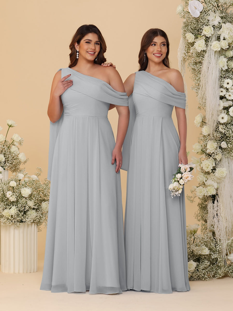 A-Line/Princess One-Shoulder Floor-Length Plus Size Bridesmaid Dresses With Watteau Train Silver
