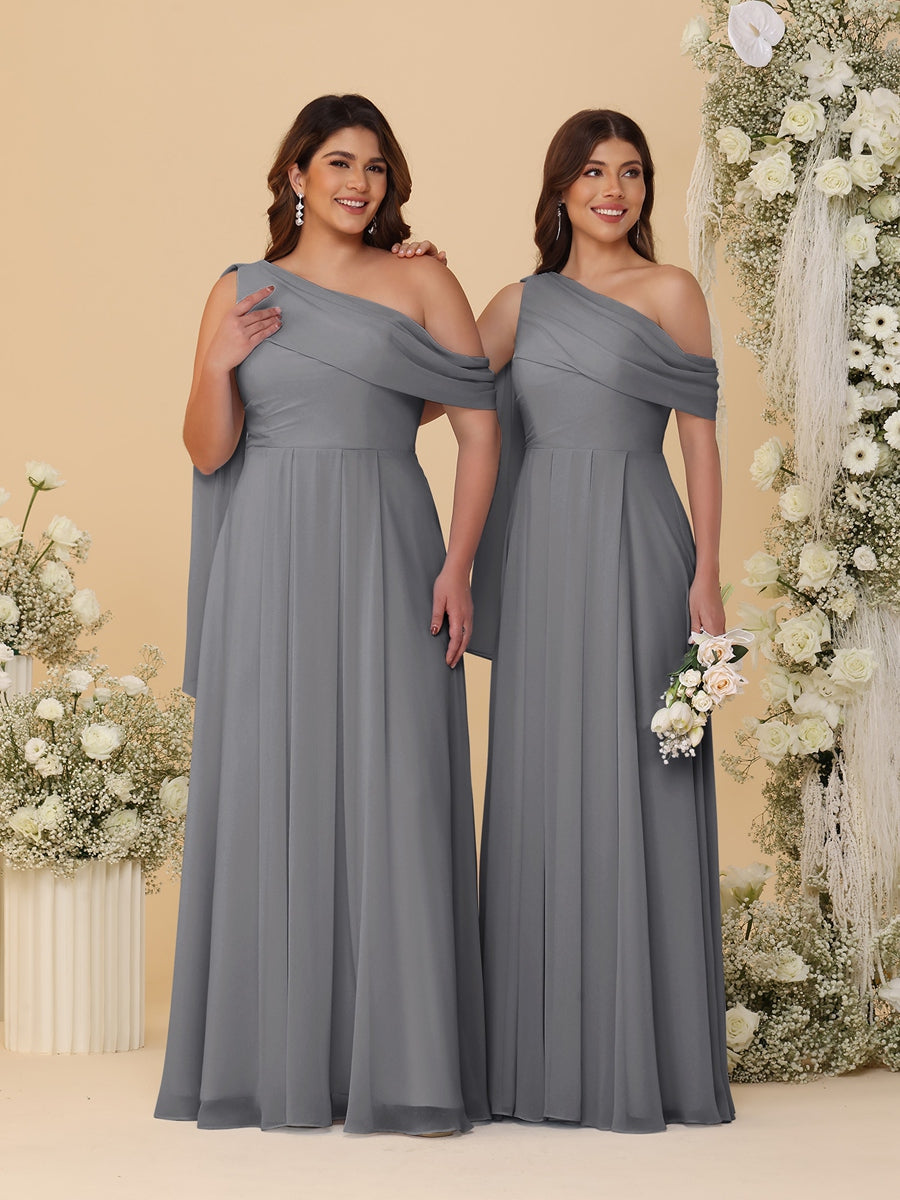A-Line/Princess One-Shoulder Floor-Length Plus Size Bridesmaid Dresses With Watteau Train Silver Gray